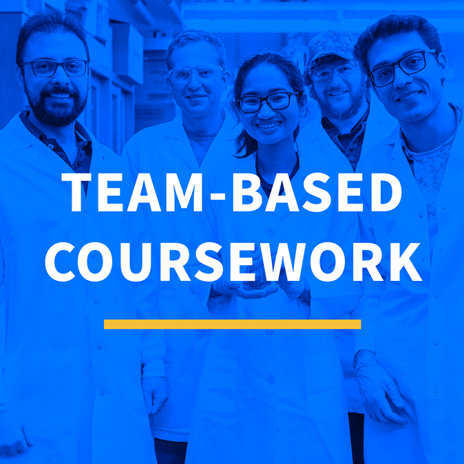 Photo of students in a lab smiling with text on top that says "Team-Based Coursework." Photo by Adrian Sanchez-Gonzalez.