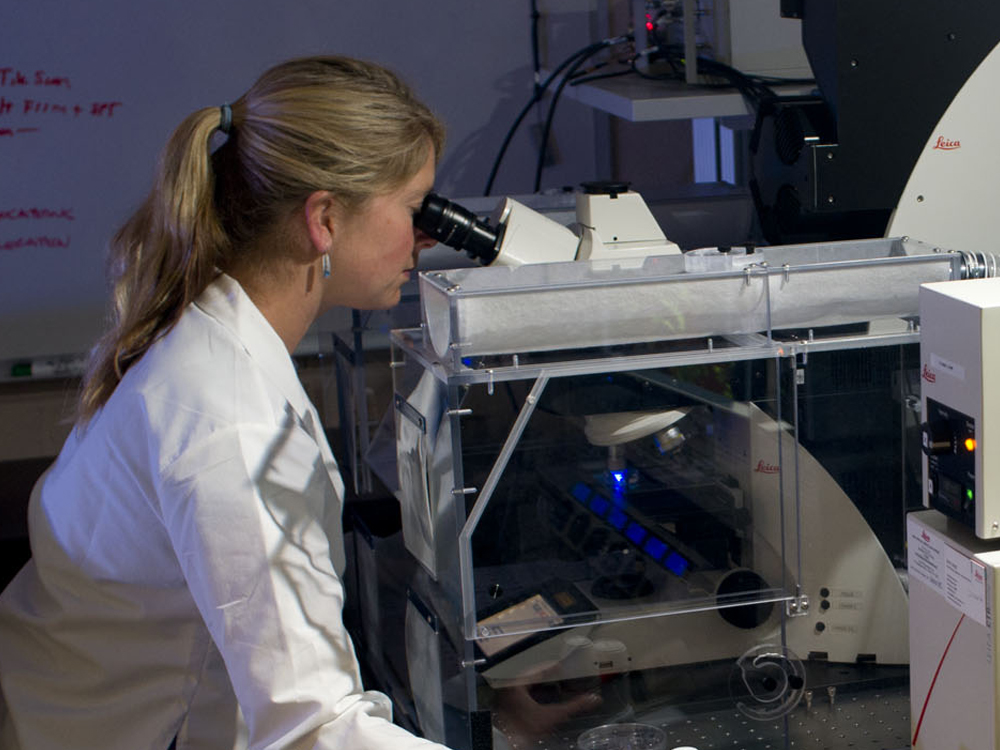 Image of female researcher using microscope. 