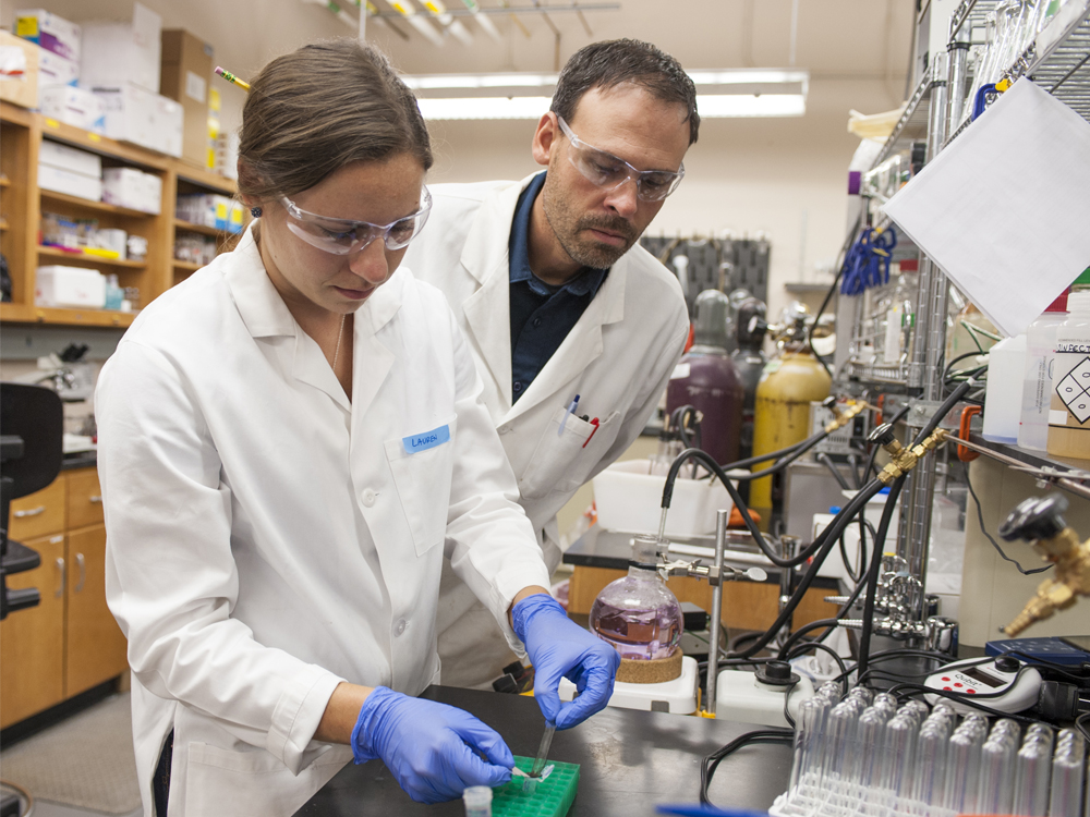 Image of faculty member and graduate student in lab.